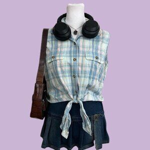 y2k blue and pink plaid preppy western cottagecore sleeveless tie front top